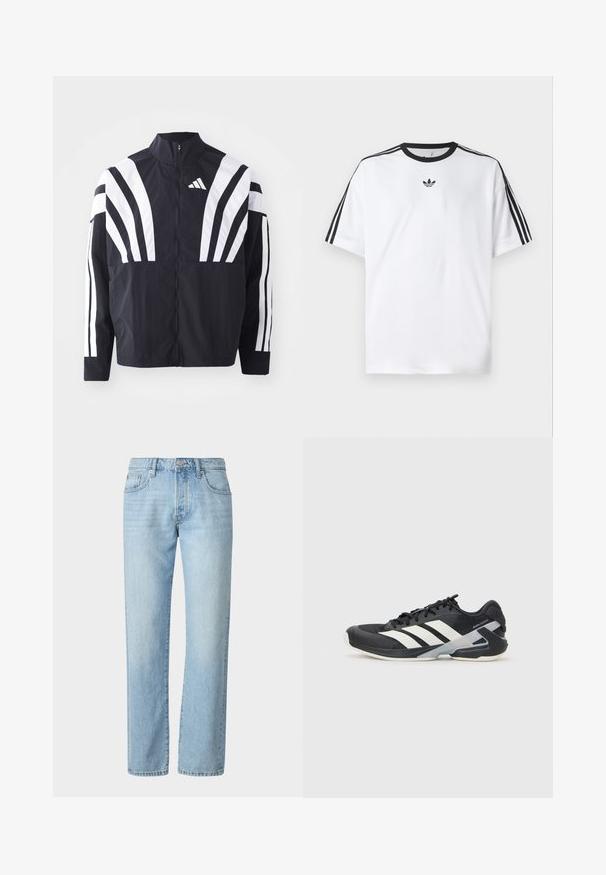 Veste noire avec un col montant, fermeture éclair sur toute la longueur et de larges rayures blanches diagonales sur les manches. Fabriquée en tissu léger avec une texture lisse.; T-shirt blanc en coton, doté d'un col rond noir et de trois rayures noires sur chaque épaule. Petit logo noir sur la poitrine.; Jean en denim bleu clair à coupe droite, avec un design classique à cinq poches et des marquages de décoloration subtils sur l'ensemble du tissu.; Chaussure de sport noire avec des rayures blanches, tige en mesh, bout arrondi et semelle rembourrée. Comprend un talon texturé et un système de laçage sécurisé.