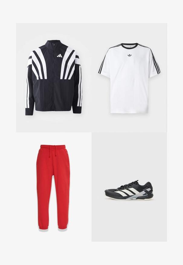Fekete dzseki magas gallérral, teljes cipzárral és merész, fehér, átlós csíkokkal az ujjakon. Könnyű anyagból készült, sima tapintással.; Fehér pamut póló, fekete kerek nyakkal, mindkét vállán három fekete csíkkal. Kis fekete logó a mellkason.; Piros, puha anyagból készült melegítőnadrág, mely rugalmas derékkal és húzózsinórral, oldalsó zsebekkel és szűkített lábszárral rendelkezik.; Fekete sportcipő fehér csíkokkal, hálós felsőrész, kerek orr és párnázott talp. Texturált sarokkal és biztonságos fűzőrendszerrel rendelkezik.
