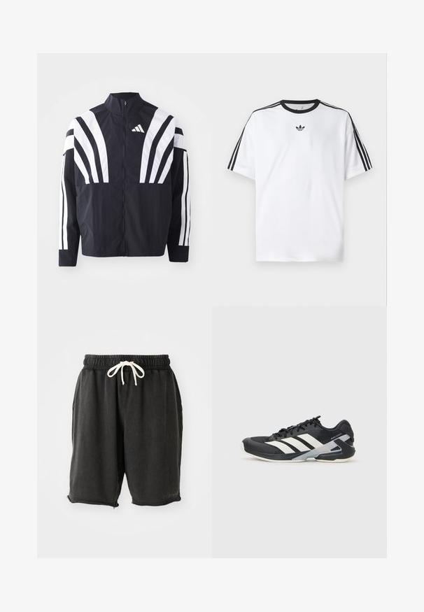 Fekete dzseki magas gallérral, teljes cipzárral és merész, fehér, átlós csíkokkal az ujjakon. Könnyű anyagból készült, sima tapintással.; Fehér pamut póló, fekete kerek nyakkal, mindkét vállán három fekete csíkkal. Kis fekete logó a mellkason.; Fekete pamut rövidnadrág, elasztikus derékpánttal és fehér zsinórral. Oldalsó zsebekkel és befejezetlen szegéllyel rendelkezik, kis cipzáras részletekkel.; Fekete sportcipő fehér csíkokkal, hálós felsőrész, kerek orr és párnázott talp. Texturált sarokkal és biztonságos fűzőrendszerrel rendelkezik.