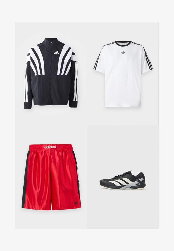 Črna jakna z visokim ovratnikom, popolnim zadrgo in boldnimi belimi diagonalnimi črtami na rokavih. Narejena iz lahkega materiala z gladko teksturo.; Bela majica iz bombaža z črnimi okroglimi izrezi in tremi črnimi črtami na vsakem ramu. Majhen črn logotip na prsih.; Rde športne kratke hlače z črnimi stranskimi paneli, elastičnim pasom in belim logotipom "adidas" na sprednji strani. Gladka satenska tekstura, dolžina do kolen.; Črne atletske čevlje z belimi črtami, mrežastim zgornjim delom, zaobljenim nosom in blaženim podplatom. Imajo teksturiran petni del in varen sistem vezalk.