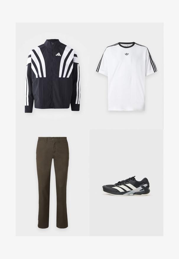 Schwarze Jacke mit hohem Kragen, durchgehendem Reißverschluss und kräftigen weißen diagonalen Streifen an den Ärmeln. Aus leichtem Stoff mit glatter Textur gefertigt.; Weißes T-Shirt aus Baumwolle mit einem schwarzen, runden Halsausschnitt und drei schwarzen Streifen auf jeder Schulter. Kleines schwarzes Logo auf der Brust.; Dunkelbraune Hosen aus Baumwollmischung. Verfügt über einen Knopfverschluss, ein gerades Bein-Design und eine subtile Textur ohne sichtbare Muster oder Verzierungen.; Schwarzer Sportschuh mit weißen Streifen, Obermaterial aus Mesh, runde Zehenform und gepolstertem Sohlenteil. Verfügt über eine strukturierte Ferse und ein sicheres Schnürsystem.