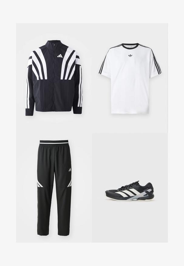 Melna jakas ar augstu apkakli, pilnu rāvējslēdzēju un drosmīgām baltām diagonālām svītrām uz piedurknēm. Izgatavota no viegla auduma ar gludu tekstūru.; Baltā T-krekla izgatavots no kokvilnas, ar melnu apaļu kakla izgriezumu un trim melnām svītrām uz katra pleca. Mazs melns logo uz krūtīm.; Melni Adidas basketbola bikses ar baltām svītrām uz augšstilbiem un elastīgu jostasvietu ar melnu un baltu rakstu.; Melnas sporta kurpes ar baltām svītrām, acs augšdaļa, noapaļots pirksts un mīksts zole. Iespējams ar teksturētu papēdi un drošu šņoru sistēmu.