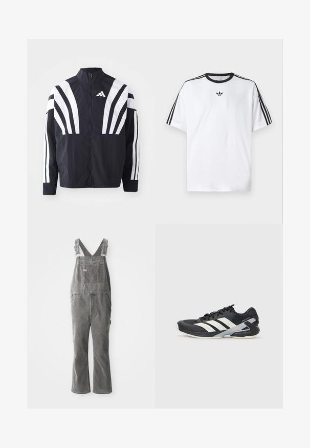 Czarna kurtka z wysokim kołnierzem, pełnym zamkiem błyskawicznym oraz wyrazistymi białymi ukośnymi paskami na rękawach. Wykonana z lekkiej tkaniny o gładkiej fakturze.; Biała koszulka z bawełny, z czarnym okrągłym dekoltem i trzema czarnymi paskami na każdym ramieniu. Małe czarne logo na klatce piersiowej.; Szare dżinsowe ogrodniczki z regulowanymi ramiączkami, kieszenią na piersi, kieszeniami bocznymi i rozszerzającymi się nogawkami. Solidny materiał i luźny krój dla komfortu.; Czarne buty sportowe z białymi paskami, siateczkowa cholewka, zaokrąglony czubek i amortyzowana podeszwa. Posiadają teksturowany obcas i pewny system sznurowania.