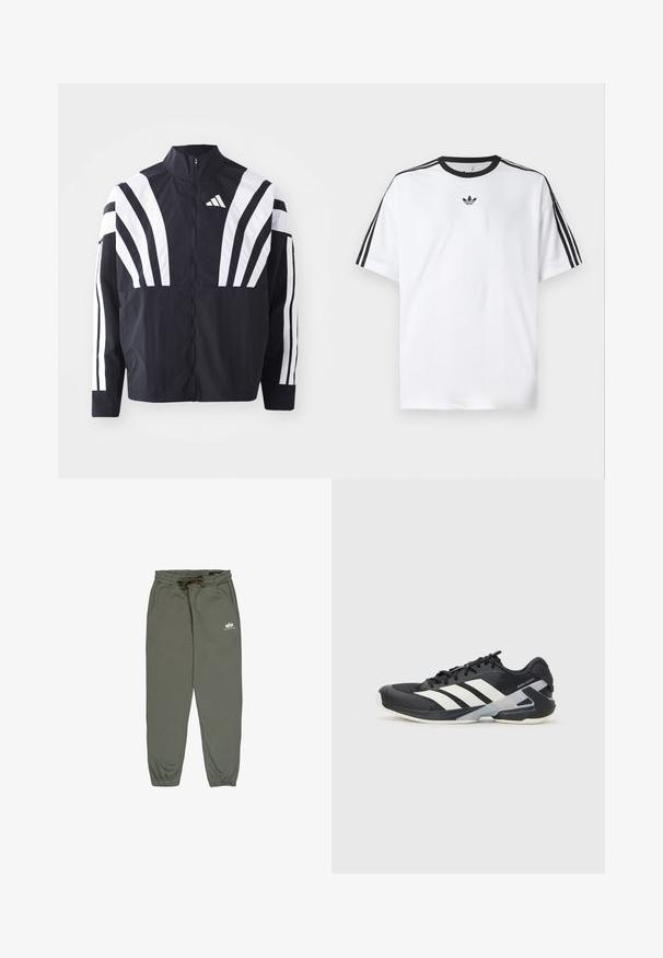 Črna jakna z visokim ovratnikom, popolnim zadrgo in boldnimi belimi diagonalnimi črtami na rokavih. Narejena iz lahkega materiala z gladko teksturo.; Bela majica iz bombaža z črnimi okroglimi izrezi in tremi črnimi črtami na vsakem ramu. Majhen črn logotip na prsih.; Zelene trenirke iz mehkega materiala, z elastičnim pasom in vrvico, stranskimi žepi ter majhnim belim logotipom na stegnu.; Črne atletske čevlje z belimi črtami, mrežastim zgornjim delom, zaobljenim nosom in blaženim podplatom. Imajo teksturiran petni del in varen sistem vezalk.