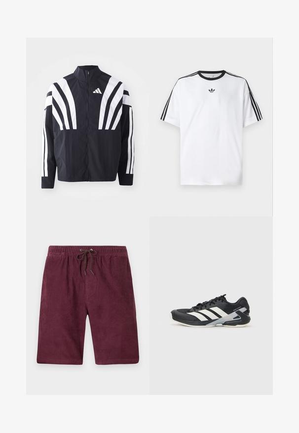 Zwarte jasje met een hoge kraag, volledige rits en gedurfde witte diagonale strepen op de mouwen. Gemaakt van lichtgewicht stof met een gladde textuur.; Witte T-shirt van katoen, met een zwarte ronde halslijn en drie zwarte strepen op elke schouder. Klein zwart logo op de borst.; Bordeaux corduroy shorts met een elastische tailleband en trekkoord. Heeft een verticale ribbelstructuur en een standaardlengte.; Zwarte sportschoen met witte strepen, bovenwerk van mesh, ronde neus en geveerde zool. Heeft een getextureerde hak en een veilig vetersysteem.