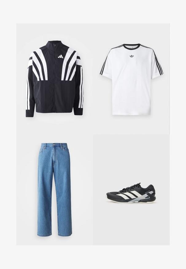 Sort jakke med højt krave, fuld lynlås og iøjnefaldende hvide diagonale striber på ærmerne. Lavet af letvægtsstof med en glat tekstur.; Hvid T-shirt lavet af bomuld, med en sort rund halsudskæring og tre sorte striber på hver skulder. Lille sort logo på brystet.; Lysblå denim wide-leg jeans med høj talje, fem lommer og knaplukning. Glat tekstur med minimal falming.; Sort sportsko med hvide striber, mesh-overdel, rund tå og dæmpet sål. Har en tekstureret hæl og et sikkert snøresystem.