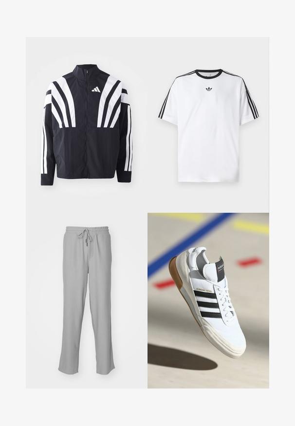 Mustat takki, jossa on korkea kaulus, täysivetoketju ja erittäin näkyvät valkoiset vinoraidat hihoissa. Valmistettu keveästä kankaasta, jolla on sileä rakenne.; Valkoinen t-paita, joka on valmistettu puuvillasta, mustalla pyöreällä kaula-aukolla ja kolmella mustalla raidalla jokaisella olkapäällä. Pieni musta logo rinnassa.; Harmaat ribbitekniikalla valmistetut juoksuhousut, joissa on joustava vyötärö ja säädettävä nauha. Ominaisuuksiin kuuluvat sivutaskut ja rento istuvuus jaloissa.; Valkoiset Adidas Mundial Goal -kengät mustilla raidoilla ja kuminpohjalla, esillä ilmassa urheiluhallin lattian ylle, jossa on värillisiä viivoja.