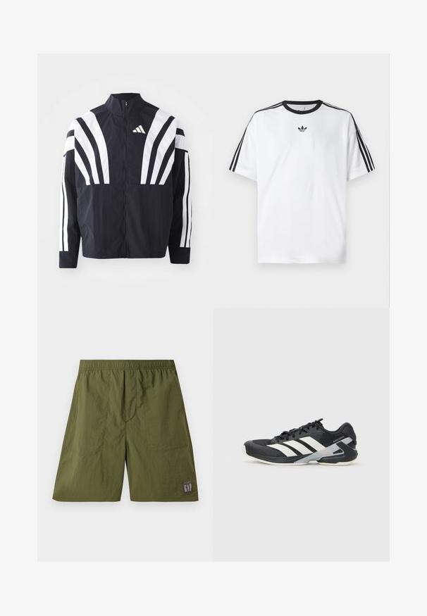 Fekete dzseki magas gallérral, teljes cipzárral és merész, fehér, átlós csíkokkal az ujjakon. Könnyű anyagból készült, sima tapintással.; Fehér pamut póló, fekete kerek nyakkal, mindkét vállán három fekete csíkkal. Kis fekete logó a mellkason.; Zöld nylon rövidnadrág elasztikus derékrésszel, két oldzsebekkel, és egy folt címkével, amelyen a "GAP" felirat fehér színben, sötétszürke háttéren látható.; Fekete sportcipő fehér csíkokkal, hálós felsőrész, kerek orr és párnázott talp. Texturált sarokkal és biztonságos fűzőrendszerrel rendelkezik.