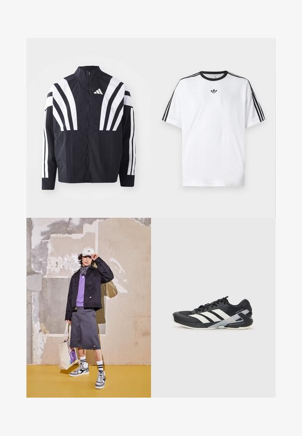 Juodas švarkas su aukštu kaklu, pilnu užtrauktuku ir ryškiomis baltomis įstrižomis juostelėmis ant rankovių. Pagamintas iš lengvos medžiagos su lygiu paviršiumi.; Balta medvilninė marškinėlių su juodu apvali kaklu, ant kiekvieno peties iš trijų juodų juostelių. Mažas juodas logotipas ant krūtinės.; Juodas švarkas, purpurinė marškinėliai, pilkos šortai ir balti sportbačiai su pilkų akcentų. Aksesuarai apima baltą kepurę ir raštuotą rankinę.; Juoda sportinė avalynė su baltais dryžiais, tinklinis viršus, apvalus pirštas ir paminkštinta padais. Yra tekstūruota kulno dalis ir saugi raištelių sistema.