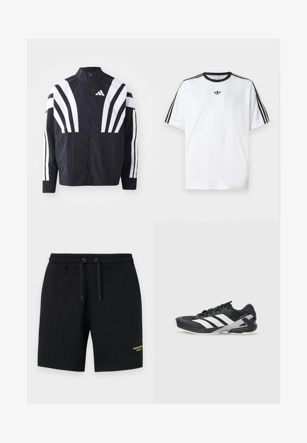Veste noire avec un col montant, fermeture éclair sur toute la longueur et de larges rayures blanches diagonales sur les manches. Fabriquée en tissu léger avec une texture lisse.; T-shirt blanc en coton, doté d'un col rond noir et de trois rayures noires sur chaque épaule. Petit logo noir sur la poitrine.; Shorts noirs en coton avec une taille élastique, un cordon de serrage, et un accent de texte jaune sur le bas de la jambe gauche.; Chaussure de sport noire avec des rayures blanches, tige en mesh, bout arrondi et semelle rembourrée. Comprend un talon texturé et un système de laçage sécurisé.