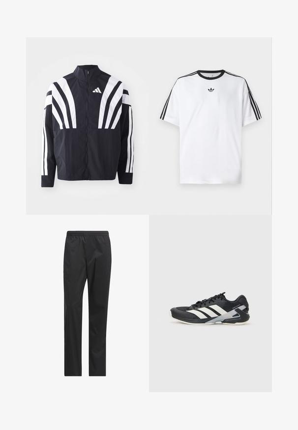 Sort jakke med højt krave, fuld lynlås og iøjnefaldende hvide diagonale striber på ærmerne. Lavet af letvægtsstof med en glat tekstur.; Hvid T-shirt lavet af bomuld, med en sort rund halsudskæring og tre sorte striber på hver skulder. Lille sort logo på brystet.; Sorte vandtætte bukser med lige pasform, elastisk talje og en glat, let tekstur. Ingen synlige lommer eller accenter.; Sort sportsko med hvide striber, mesh-overdel, rund tå og dæmpet sål. Har en tekstureret hæl og et sikkert snøresystem.