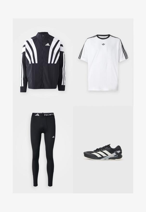 Čierna bunda s vysokým golierom, plným zipsom a výraznými bielymi diagonálnymi pruhmi na rukávoch. Vyrobená z ľahkého materiálu s hladkou textúrou.; Biela tričko vyrobené z bavlny, so čiernym okrúhlym výstrihom a tromi čiernymi pruhmi na každom pleci. Malé čierne logo na hrudi.; Čierne športové legíny, priliehavý strih, vyrobené z hladkého, elastického materiálu. Majú pás s nápisom "TECHFIT" a biele logo na akcentoch.; Čierna športová obuv s bielymi pruhmi, sieťovinový zvršok, zaoblená špička a polstrovaná podrážka. Obsahuje štruktúrovaný opätok a bezpečný systém šnurovania.