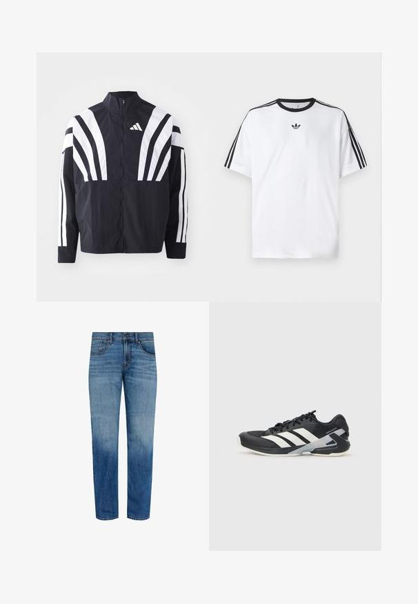 Giacca nera con colletto alto, zip completa e audaci strisce diagonali bianche sulle maniche. Realizzata in tessuto leggero con una texture morbida.; Maglietta bianca in cotone, con scollatura rotonda nera e tre strisce nere su ciascuna spalla. Piccolo logo nero sul petto.; Jeans in denim azzurro chiaro con design a gamba dritta, caratterizzati da dettagli sbiaditi, cinque tasche e una vita classica con chiusura a bottone.; Scarpa sportiva nera con strisce bianche, tomaia in rete, punta arrotondata e suola ammortizzata. Presenta un tallone testurizzato e un sistema di allacciatura sicuro.
