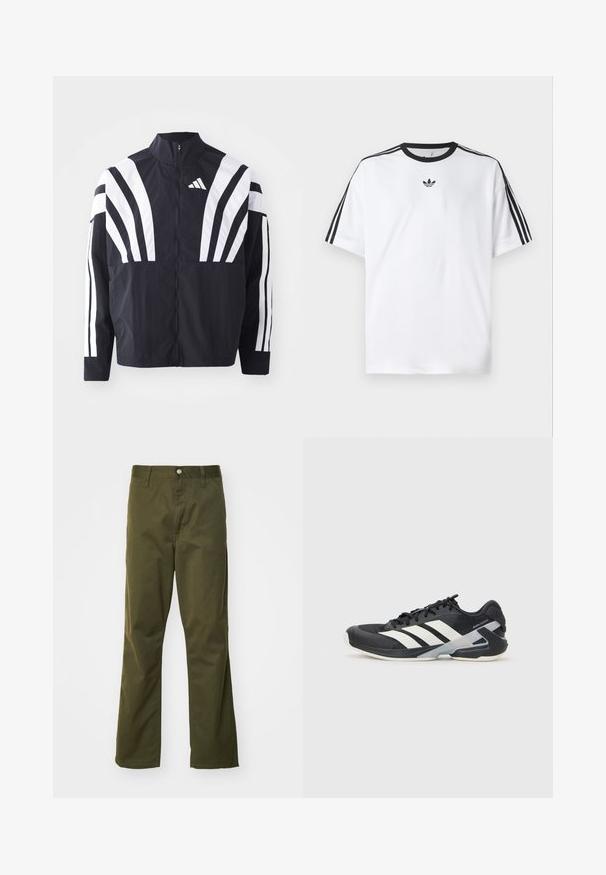 Crna jakna s visokim ovratnikom, punim patentnim zatvaračem i hrabrim bijelim dijagonalnim prugama na rukavima. Izrađena je od lagane tkanine s glatkom teksturom.; Bijela majica od pamuka, s crnim okruglim izrezom i tri crne pruge na svakom ramenu. Mali crni logo na prsima.; Maslinasto zelene pamučne hlače s ravnim krojem. Imaju prednje zatvaranje na dugme i klasičnu pet-pocket stilizaciju.; Crne atletske cipele s bijelim prugama, mrežasta gornja strana, zaobljeni prst i podstavljeni đon. Imaju teksturiranu petu i siguran sustav vezivanja.