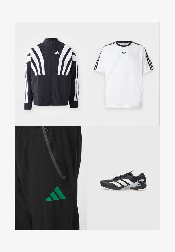 Jachetă neagră cu guler înalt, fermoar complet și dungi diagonale albe îndrăznețe pe mâneci. Fabricată dintr-un material ușor, cu o textură netedă.; Tricou alb din bumbac, cu un guler rotund negru și trei dungi negre pe fiecare umăr. Logo mic negru pe piept.; Pantaloni sport negri dintr-un material neted, cu un logo verde Adidas și o buzunar cu fermoar, având margine în contrast.; Pantofii sport negri cu dungi albe, superior din plasă, vârf rotunjit și talpă îmbunătățită pentru amortizare. Au o călcătură texturată și un sistem de șireturi securizat.