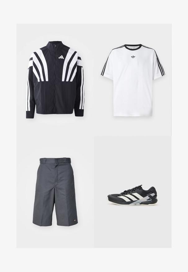 Black jacket featuring a high collar, full zip, and bold white diagonal stripes on sleeves. Made from lightweight fabric with a smooth texture.; White T-shirt made of cotton, featuring a black round neckline and three black stripes on each shoulder. Small black logo on the chest.; Gray shorts made from durable fabric, featuring a straight cut, two side pockets, and a small logo on the back pocket.; Black athletic shoe with white stripes, mesh upper, rounded toe, and cushioned sole. Features a textured heel and secure lacing system.