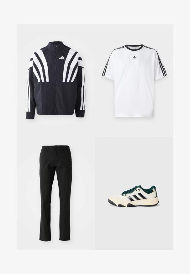 Crna jakna s visokim ovratnikom, punim patentnim zatvaračem i hrabrim bijelim dijagonalnim prugama na rukavima. Izrađena je od lagane tkanine s glatkom teksturom.; Bijela majica od pamuka, s crnim okruglim izrezom i tri crne pruge na svakom ramenu. Mali crni logo na prsima.; Crne hlače od laganog materijala, s ravnim krojem, prednjim zatvaranjem na gumb i bočnim džepovima. Glatka tekstura.; Bijeli i tamnozeleni atletski tenisice s crnim trakama, teksturiranom potplatom i vezanjem sprijeda na jednostavnoj svijetlosivoj podlozi.