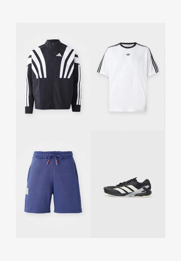 Fekete dzseki magas gallérral, teljes cipzárral és merész, fehér, átlós csíkokkal az ujjakon. Könnyű anyagból készült, sima tapintással.; Fehér pamut póló, fekete kerek nyakkal, mindkét vállán három fekete csíkkal. Kis fekete logó a mellkason.; Sötétkék sportnadrág rugalmas derékkal, húzózsinórral és oldalsó zsebekkel. Puha anyagból készült, sima felülettel.; Fekete sportcipő fehér csíkokkal, hálós felsőrész, kerek orr és párnázott talp. Texturált sarokkal és biztonságos fűzőrendszerrel rendelkezik.