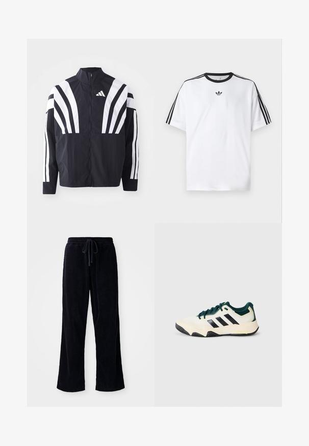Crna jakna s visokim ovratnikom, punim patentnim zatvaračem i hrabrim bijelim dijagonalnim prugama na rukavima. Izrađena je od lagane tkanine s glatkom teksturom.; Bijela majica od pamuka, s crnim okruglim izrezom i tri crne pruge na svakom ramenu. Mali crni logo na prsima.; Crne kašmir hlače s labavim krojem, s elastičnom pasicom i vezicom. Tekstura je rebrasta, a tkanina izgleda mekano.; Bijeli i tamnozeleni atletski tenisice s crnim trakama, teksturiranom potplatom i vezanjem sprijeda na jednostavnoj svijetlosivoj podlozi.