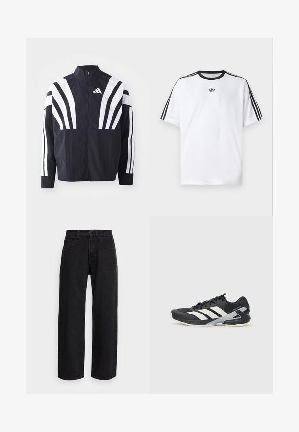 Schwarze Jacke mit hohem Kragen, durchgehendem Reißverschluss und kräftigen weißen diagonalen Streifen an den Ärmeln. Aus leichtem Stoff mit glatter Textur gefertigt.; Weißes T-Shirt aus Baumwolle mit einem schwarzen, runden Halsausschnitt und drei schwarzen Streifen auf jeder Schulter. Kleines schwarzes Logo auf der Brust.; Schwarze Denim-Hosen mit weitem Bein und hoher Taille, ausgestattet mit fünf Taschen und einem Knopfverschluss. Der Stoff hat eine glatte Textur und leichten Stretch.; Schwarzer Sportschuh mit weißen Streifen, Obermaterial aus Mesh, runde Zehenform und gepolstertem Sohlenteil. Verfügt über eine strukturierte Ferse und ein sicheres Schnürsystem.