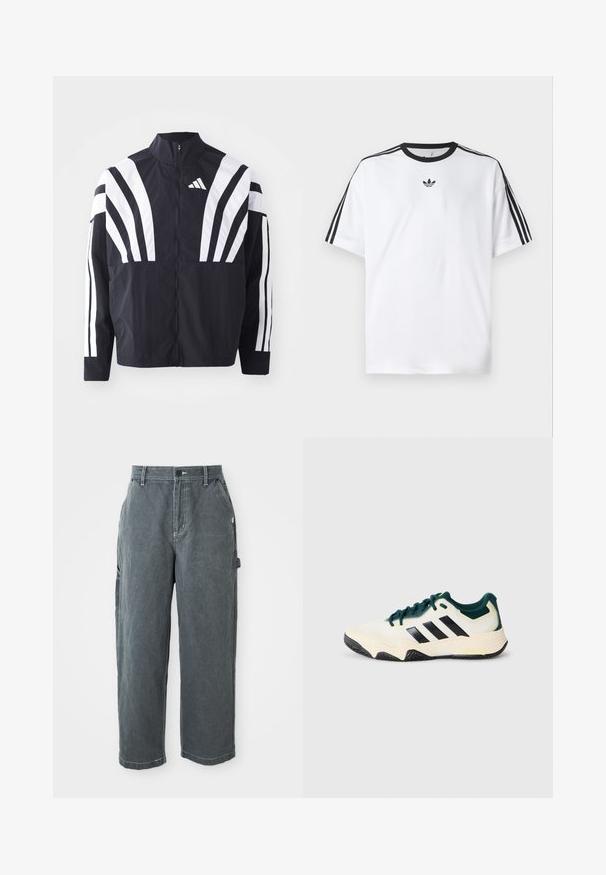 Črna jakna z visokim ovratnikom, popolnim zadrgo in boldnimi belimi diagonalnimi črtami na rokavih. Narejena iz lahkega materiala z gladko teksturo.; Bela majica iz bombaža z črnimi okroglimi izrezi in tremi črnimi črtami na vsakem ramu. Majhen črn logotip na prsih.; Temno sivi delovni hlače straight-leg z očesci za pas, sprednjim gumbom in zadrgo, stranskimi žepi ter zankami za kladivo na desni nogi.; Beli in temno zeleni športni copat z črnimi črtami, teksturirano podplatom in vezanjem spredaj na enobarvni svetlo sivi podlagi.