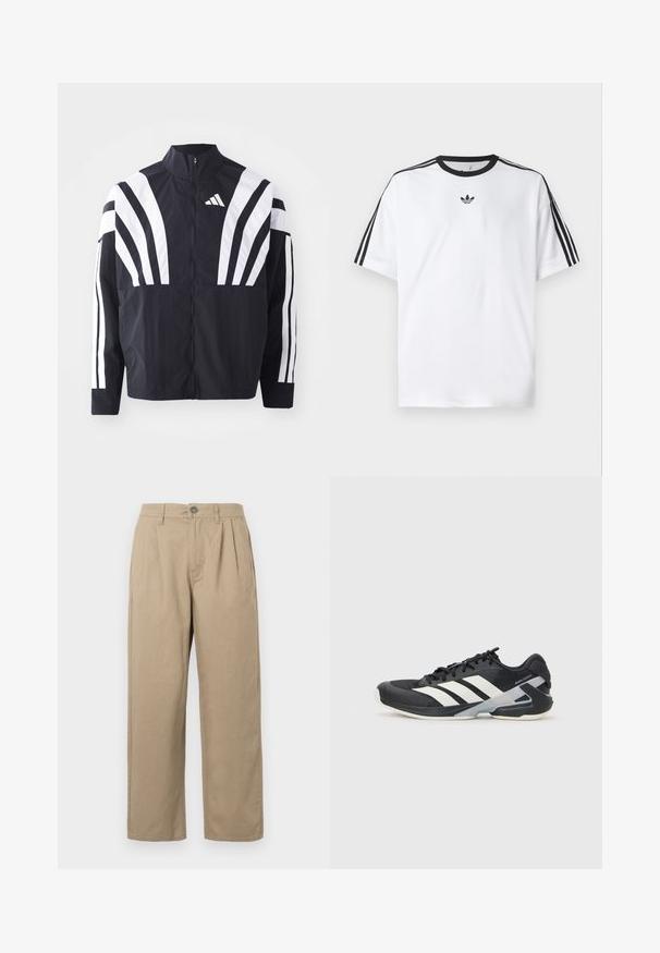 Jachetă neagră cu guler înalt, fermoar complet și dungi diagonale albe îndrăznețe pe mâneci. Fabricată dintr-un material ușor, cu o textură netedă.; Tricou alb din bumbac, cu un guler rotund negru și trei dungi negre pe fiecare umăr. Logo mic negru pe piept.; Pantaloni bej cu talie înaltă, cu pliuri, bucle pentru curea, închidere cu buton și picioare drepte, pe un fond alb.; Pantofii sport negri cu dungi albe, superior din plasă, vârf rotunjit și talpă îmbunătățită pentru amortizare. Au o călcătură texturată și un sistem de șireturi securizat.