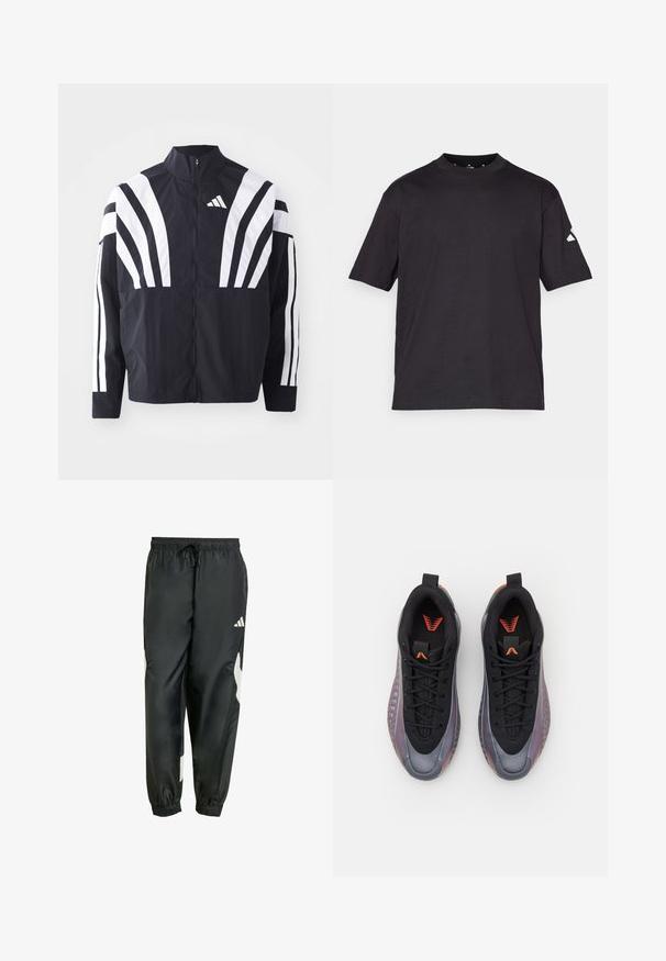 Sort jakke med højt krave, fuld lynlås og iøjnefaldende hvide diagonale striber på ærmerne. Lavet af letvægtsstof med en glat tekstur.; Sort kortærmet t-shirt i blødt bomuld. Har en rund hals og et lille hvidt trekantet logo på venstre ærme.; Sorte sportsbukser med elastisk talje, justerbar snor og hvide sideaksenter. Fremstillet af glat, let materiale.; Sorte sportsko med en glat, skinnende grå og lilla overdel, der har et tekstureret mønster, sorte snørebånd og orange detaljer på tungen.