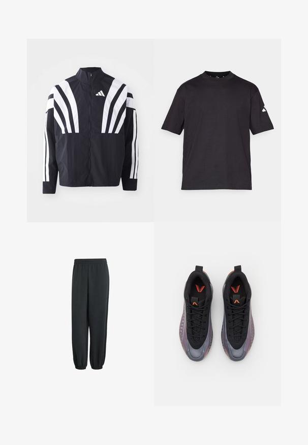 Zwarte jasje met een hoge kraag, volledige rits en gedurfde witte diagonale strepen op de mouwen. Gemaakt van lichtgewicht stof met een gladde textuur.; Zwarte korte mouwen t-shirt van zacht katoen. Heeft een ronde hals en een klein wit driehoekig logo op de linkermouw.; Zwarte joggers gemaakt van zacht materiaal, met een elastische tailleband en taps toelopende manchetten, ontworpen voor comfort en een relaxte pasvorm.; Zwarte sportieve schoenen met een gladde, glanzende grijze en paarse bovenkant, voorzien van een gestructureerd patroon, zwarte veters en oranje accenten op de tong.