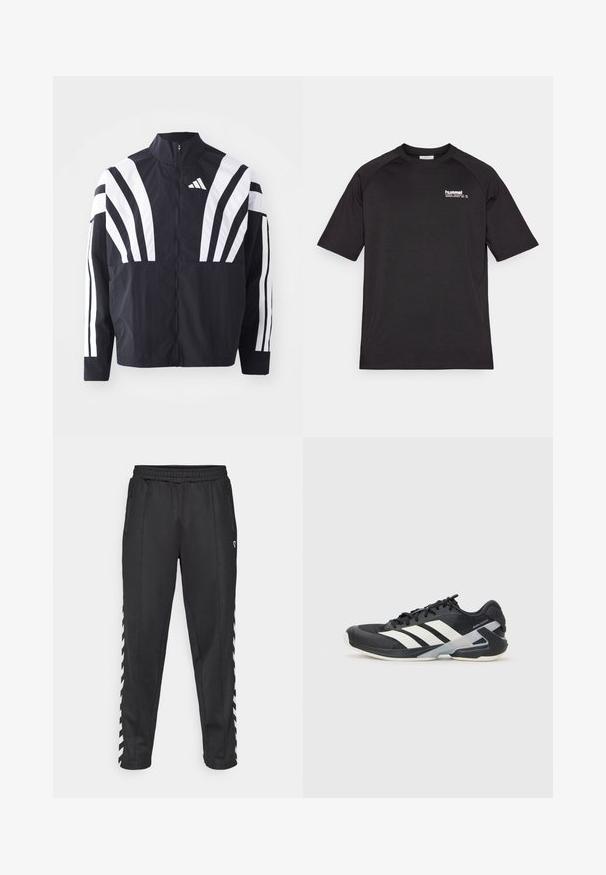 Črna jakna z visokim ovratnikom, popolnim zadrgo in boldnimi belimi diagonalnimi črtami na rokavih. Narejena iz lahkega materiala z gladko teksturo.; Črna majica s kratkimi rokavi iz mehkega bombaža, s smešnim 'hummel' logotipom na levem prsnem delu in raglan rokavi.; Črne športne hlače z elastičnim pasom, ki imajo stranske žepke z zadrgo in bele cikcak poudarke ob straneh. Gladka tekstura.; Črne atletske čevlje z belimi črtami, mrežastim zgornjim delom, zaobljenim nosom in blaženim podplatom. Imajo teksturiran petni del in varen sistem vezalk.