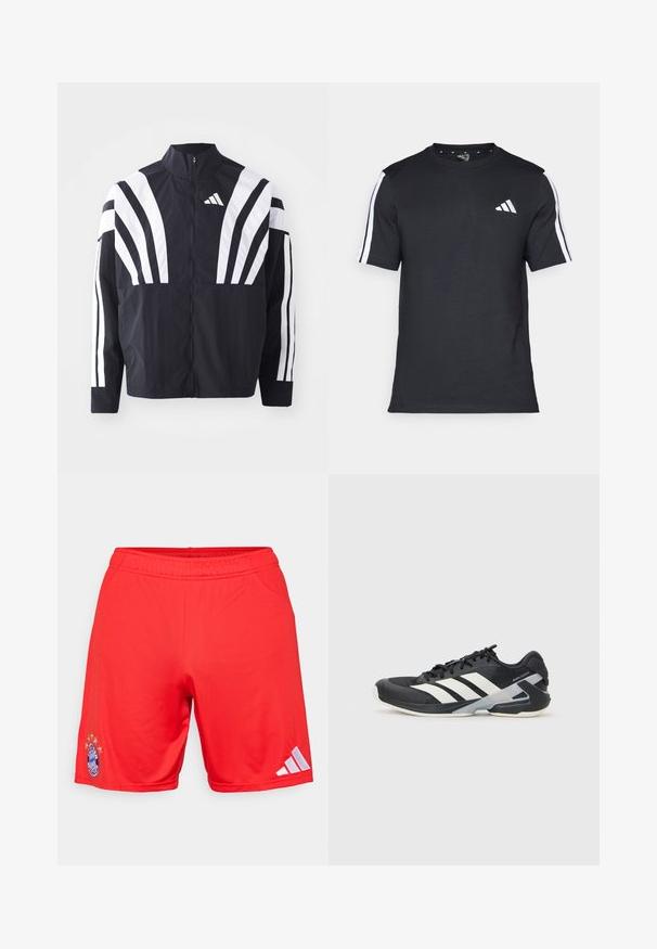 Svart jakke med høy krage, hel glidelås og markante hvite skråstriper på ermene. Laget av lett stoff med en glatt tekstur.; Svart T-skjorte laget av bomull med korte ermer, med hvite striper på skuldrene og en hvit logo på venstre bryst.; Røde treningshorts laget av glatt stoff, med et brodert logo og fem stjerner over, med hvite Adidas-striper på siden.; Svart treningssko med hvite striper, mesh-overdel, avrundet tå og polstret såle. Har en teksturert hæl og et sikkert snøresystem.