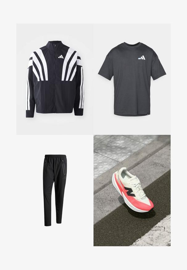 Chaqueta negra con cuello alto, cremallera completa y llamativas franjas diagonales blancas en las mangas. Fabricada en tejido ligero con una textura suave.; Camiseta de manga corta gris oscuro con un pequeño logotipo blanco y azul claro en el lado izquierdo del pecho y una pequeña etiqueta cerca del dobladillo inferior.; Pantalones deportivos negros con una cintura elástica, dos bolsillos laterales con cremallera, piernas ajustadas y un discreto detalle de logo en la cadera.; Zapatilla de running ligera con parte superior en color crema, acentos en rosa y un logo negro. Presenta una forma aerodinámica y una suela texturizada para mayor tracción.