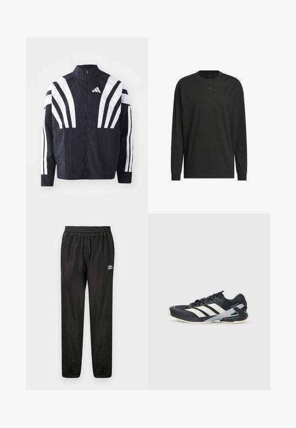 Fekete dzseki magas gallérral, teljes cipzárral és merész, fehér, átlós csíkokkal az ujjakon. Könnyű anyagból készült, sima tapintással.; Fekete hosszú ujjú póló puha pamutból, kerek nyakkal, laza szabással és kis logóval a mellkason.; Fekete Umbro tréningnadrág elasztikus derékkal, oldalzsebekkel, szűkülő szárakkal és logóval a jobb combon, fehér háttér előtt.; Fekete sportcipő fehér csíkokkal, hálós felsőrész, kerek orr és párnázott talp. Texturált sarokkal és biztonságos fűzőrendszerrel rendelkezik.