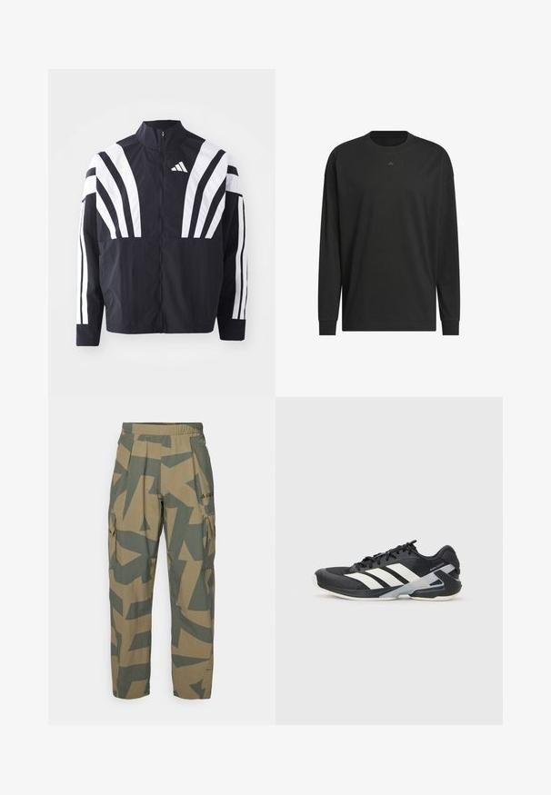 Crna jakna s visokim ovratnikom, punim patentnim zatvaračem i hrabrim bijelim dijagonalnim prugama na rukavima. Izrađena je od lagane tkanine s glatkom teksturom.; Crna dugorukava majica od mekog pamuka, s okruglim izrezom, ležernim krojem i malim logotipom na prsima.; Bež i zelene kamuflažne cargo hlače s elastičnim pojasom, višestrukim bočnim džepovima i apstraktnim geometrijskim uzorcima.; Crne atletske cipele s bijelim prugama, mrežasta gornja strana, zaobljeni prst i podstavljeni đon. Imaju teksturiranu petu i siguran sustav vezivanja.