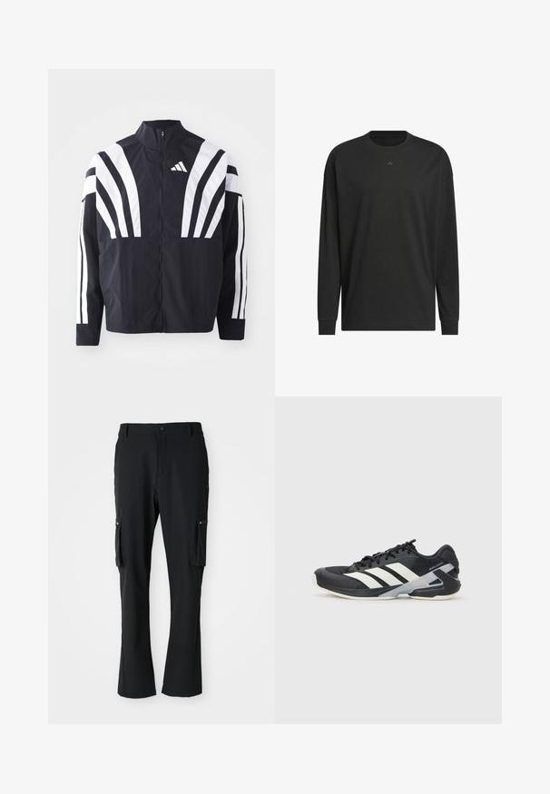 Svart jakke med høy krage, hel glidelås og markante hvite skråstriper på ermene. Laget av lett stoff med en glatt tekstur.; Svart langermet t-skjorte laget av myk bomull, med rund hals, løs passform og liten logo detalj på brystet.; Sorte cargo bukser laget av lett stoff, med to sidelommer, knappelukking og rette ben.; Svart treningssko med hvite striper, mesh-overdel, avrundet tå og polstret såle. Har en teksturert hæl og et sikkert snøresystem.