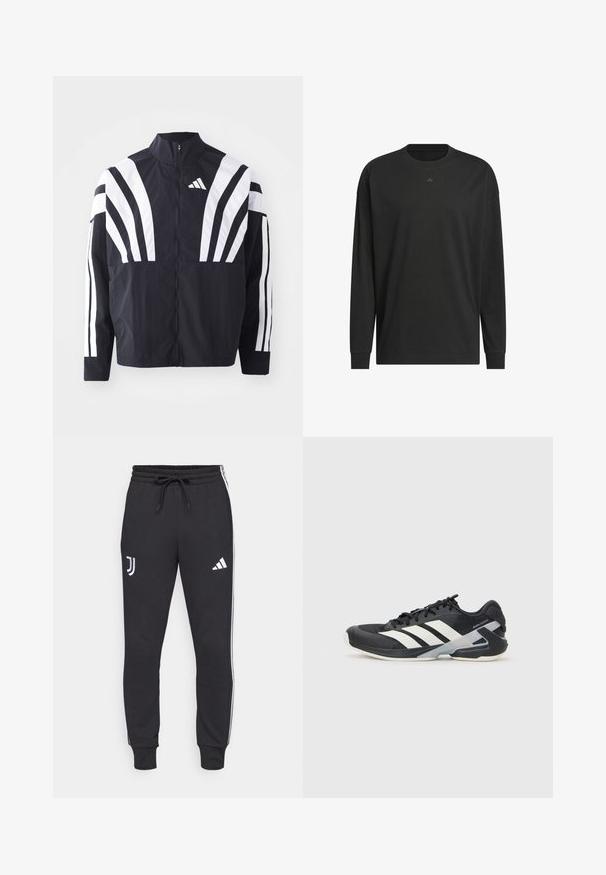 Czarna kurtka z wysokim kołnierzem, pełnym zamkiem błyskawicznym oraz wyrazistymi białymi ukośnymi paskami na rękawach. Wykonana z lekkiej tkaniny o gładkiej fakturze.; Czarny longsleeve wykonany z miękkiej bawełny, z okrągłym dekoltem, luźnym krojem i małym logo na piersi.; Czarne dresy z elastycznym paskiem w talii, z białymi bocznymi paskami oraz logo na lewej nogawce i górnej prawej nogawce. Miękka struktura tkaniny.; Czarne buty sportowe z białymi paskami, siateczkowa cholewka, zaokrąglony czubek i amortyzowana podeszwa. Posiadają teksturowany obcas i pewny system sznurowania.