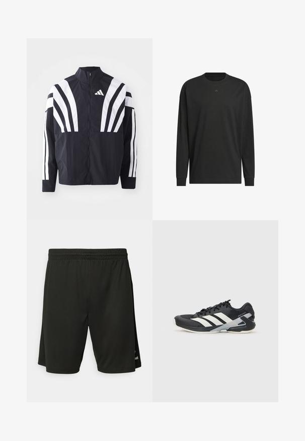 Fekete dzseki magas gallérral, teljes cipzárral és merész, fehér, átlós csíkokkal az ujjakon. Könnyű anyagból készült, sima tapintással.; Fekete hosszú ujjú póló puha pamutból, kerek nyakkal, laza szabással és kis logóval a mellkason.; Fekete sportos rövidnadrág könnyű anyagból, rugalmas derékpánttal és lapos varrásokkal. Diszkrét logó részlet található az alján.; Fekete sportcipő fehér csíkokkal, hálós felsőrész, kerek orr és párnázott talp. Texturált sarokkal és biztonságos fűzőrendszerrel rendelkezik.