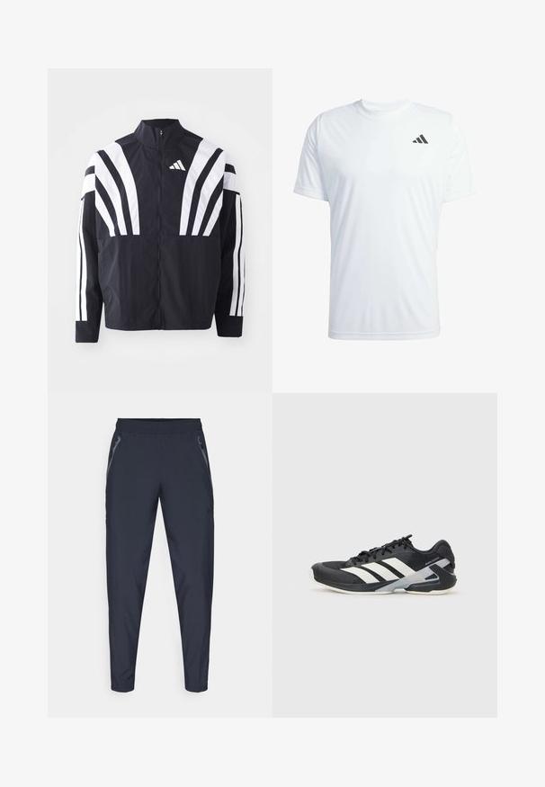 Melna jakas ar augstu apkakli, pilnu rāvējslēdzēju un drosmīgām baltām diagonālām svītrām uz piedurknēm. Izgatavota no viegla auduma ar gludu tekstūru.; Balts īsajām piedurknēm sporta krekls, izgatavots no viegla auduma, ar melnu Adidas logotipu kreisajā augšējā krūtī.; Jūras spēku sporta bikses, kas izgatavotas no viegla auduma, ar divām sānu rāvējslēdzēju kabatām, elastīgu jostu un sašaurinātām kājām, nodrošinot elegantu piegriezumu.; Melnas sporta kurpes ar baltām svītrām, acs augšdaļa, noapaļots pirksts un mīksts zole. Iespējams ar teksturētu papēdi un drošu šņoru sistēmu.