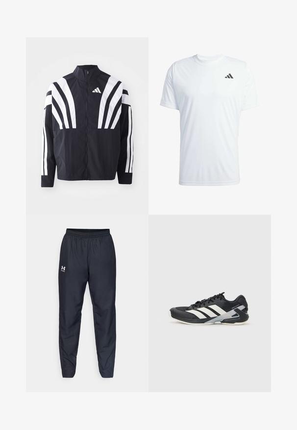Mustrün mustaga, kõrge krae, täispikk tõmblukk ja julged valged diagonaalsed triibud varrukatel. Valmistatud kergest kangast, millel on sile tekstuur.; Valge lühikeste varrukatega sportlik t-särk, mis on valmistatud kergetest materjalidest ja millel on must Adidas'i logo vasakul rinnal.; Mustad mustrena spordipüksid, millel on elastne vöökoht, kitsenevad sääred ja valge logo külgedel. Valmistatud kergest ja vastupidavast kangast.; Mustad sportlik jalanõud mustade värvidega, valgete triipudega, võrgusilma pealmine osa, ümar varvas ja pehme tallaga. Omab tekstureeritud kontsa ja kindlat paeltesüsteemi.