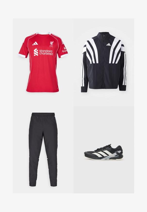 Melna jakas ar augstu apkakli, pilnu rāvējslēdzēju un drosmīgām baltām diagonālām svītrām uz piedurknēm. Izgatavota no viegla auduma ar gludu tekstūru.; Sarkans īsām piedurknēm futbols krekls, izgatavots no poliestera, ar baltiem akcentiem, apaļu kakla izgriezumu un L.F.C. un Standard Chartered logo.; Melnas sporta bikses ar elastīgu jostu, sašaurinātām kājām un baltām sānu akcentiem. Izgatavotas no sintētiska materiāla ar gludu tekstūru.; Melnas sporta kurpes ar baltām svītrām, acs augšdaļa, noapaļots pirksts un mīksts zole. Iespējams ar teksturētu papēdi un drošu šņoru sistēmu.