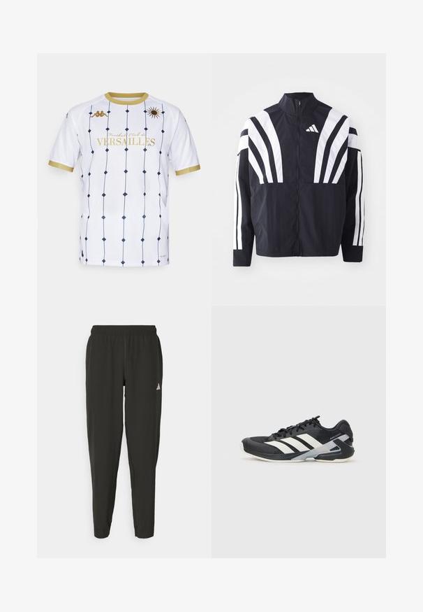Giacca nera con colletto alto, zip completa e audaci strisce diagonali bianche sulle maniche. Realizzata in tessuto leggero con una texture morbida.; Maglia bianca con motivo a rombi navy, dettagli dorati e "Football Club de VERSAILLES" in lettere dorate. Maniche corte e colletto tondo.; Pantaloni sportivi neri con elastico in vita, taglio aderente e logo bianco sulla gamba sinistra. Tessuto liscio e leggero.; Scarpa sportiva nera con strisce bianche, tomaia in rete, punta arrotondata e suola ammortizzata. Presenta un tallone testurizzato e un sistema di allacciatura sicuro.
