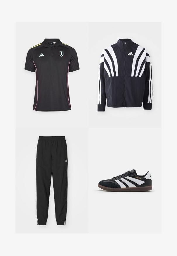 Schwarze Jacke mit hohem Kragen, durchgehendem Reißverschluss und kräftigen weißen diagonalen Streifen an den Ärmeln. Aus leichtem Stoff mit glatter Textur gefertigt.; Schwarzes Polohemd mit Kragen, rosa Seitenpaspel und hellblauen Logos. Hat drei gelbe Streifen auf den Schultern.; Schwarze Jogginghose mit elastischem Bund und Bündchen, versehen mit weißen Seitenstreifen und einem kleinen weißen Adidas-Logo auf der linken Hüfte.; Schwarz-weiße Sportschuhe mit Obermaterial aus Wildleder und Synthetik, ausgestattet mit drei markanten weißen Streifen, Gummisohle und goldfarbigem "Predator"-Text.