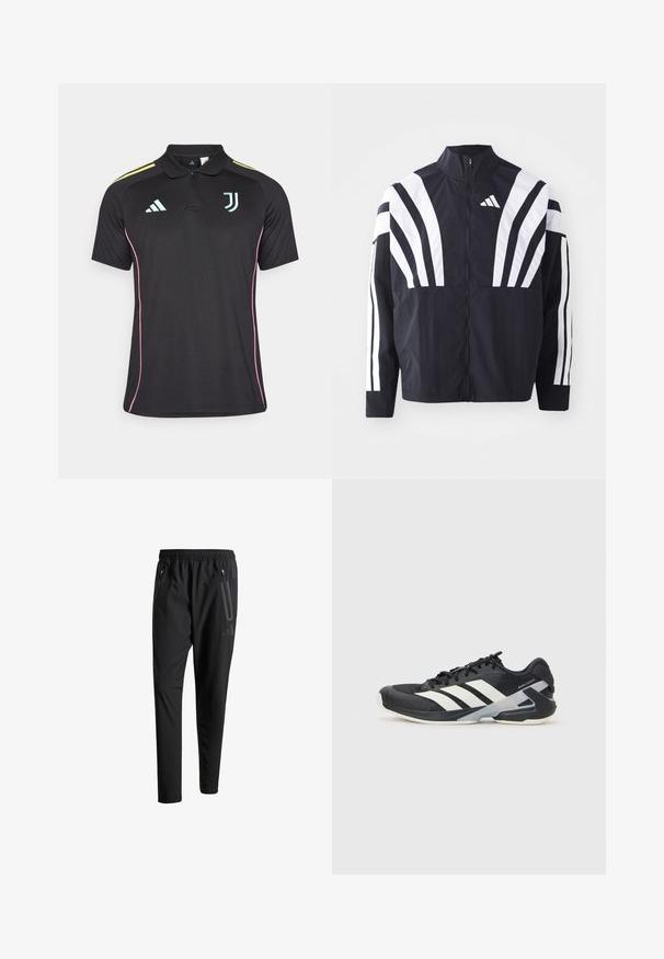 Czarna kurtka z wysokim kołnierzem, pełnym zamkiem błyskawicznym oraz wyrazistymi białymi ukośnymi paskami na rękawach. Wykonana z lekkiej tkaniny o gładkiej fakturze.; Czarna koszulka polo z kołnierzykiem, różowym wykończeniem po bokach i jasnoniebieskimi logo. Posiada trzy żółte paski na ramionach.; Czarne spodnie sportowe z elastycznym paskiem w talii, dwiema zasuwanymi kieszeniami bocznymi, zwężanymi nogawkami i subtelnym logo na biodrze.; Czarne buty sportowe z białymi paskami, siateczkowa cholewka, zaokrąglony czubek i amortyzowana podeszwa. Posiadają teksturowany obcas i pewny system sznurowania.