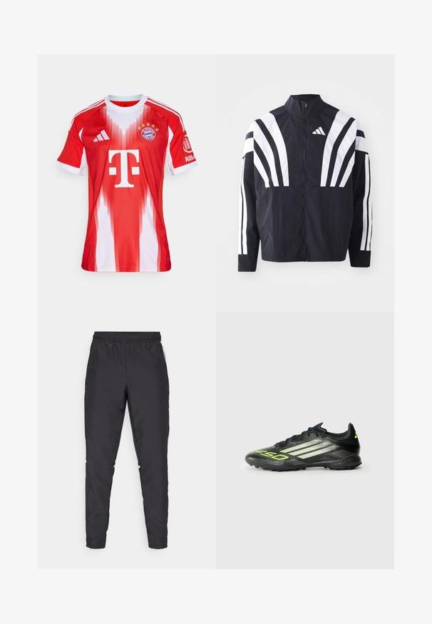 Jachetă neagră cu guler înalt, fermoar complet și dungi diagonale albe îndrăznețe pe mâneci. Fabricată dintr-un material ușor, cu o textură netedă.; Tricou de fotbal roșu și alb cu un design gradient, fabricat dintr-un material ușor, cu guler rotund, trei dungi pe umeri, logo-uri și cinci stele.; Pantaloni de sport negri cu talie elastică, picioare conice și accente laterale albe. Fabricat din material sintetic cu o textură netedă.; Pantofii de fotbal negri cu suprafață texturată, care au accente verzi strălucitoare și trei dungi albe. Proiectați pentru teren de iarbă artificială, cu talpă din cauciuc.
