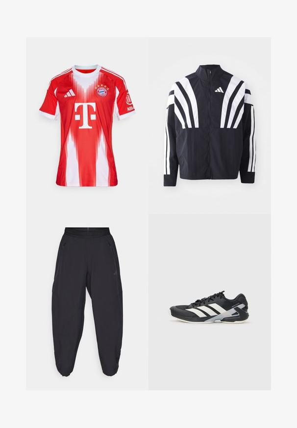 Fekete dzseki magas gallérral, teljes cipzárral és merész, fehér, átlós csíkokkal az ujjakon. Könnyű anyagból készült, sima tapintással.; Piros és fehér futballmezt tartalmazó, gradiens dizájnnal, könnyű anyagból készült, kerek nyakú, három csíkkal a vállakon, logókkal és öt csillaggal.; Fekete sportnadrág, rugalmas derékkal, cipzáros oldalzsebekkel, szűkített lábakkal és diszkrét logóval a jobb combon.; Fekete sportcipő fehér csíkokkal, hálós felsőrész, kerek orr és párnázott talp. Texturált sarokkal és biztonságos fűzőrendszerrel rendelkezik.