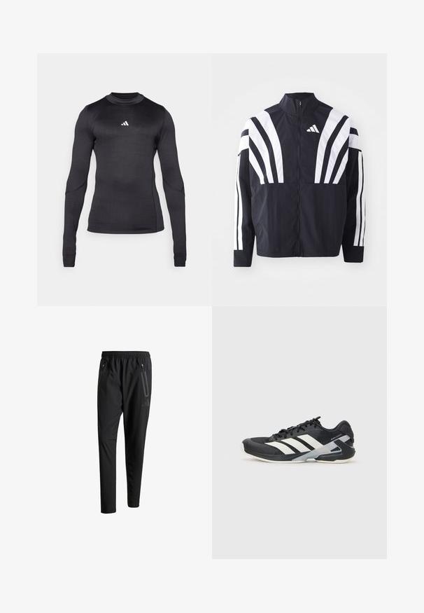 Giacca nera con colletto alto, zip completa e audaci strisce diagonali bianche sulle maniche. Realizzata in tessuto leggero con una texture morbida.; Maglietta atletica a maniche lunghe nera, con vestibilità slim, scollatura rotonda e logo Adidas bianco sul petto. Tessuto liscio e elastico.; Pantaloni sportivi neri con vita elastica, due tasche laterali con cerniera, gambe affusolate e un sottile dettaglio del logo sull'anca.; Scarpa sportiva nera con strisce bianche, tomaia in rete, punta arrotondata e suola ammortizzata. Presenta un tallone testurizzato e un sistema di allacciatura sicuro.