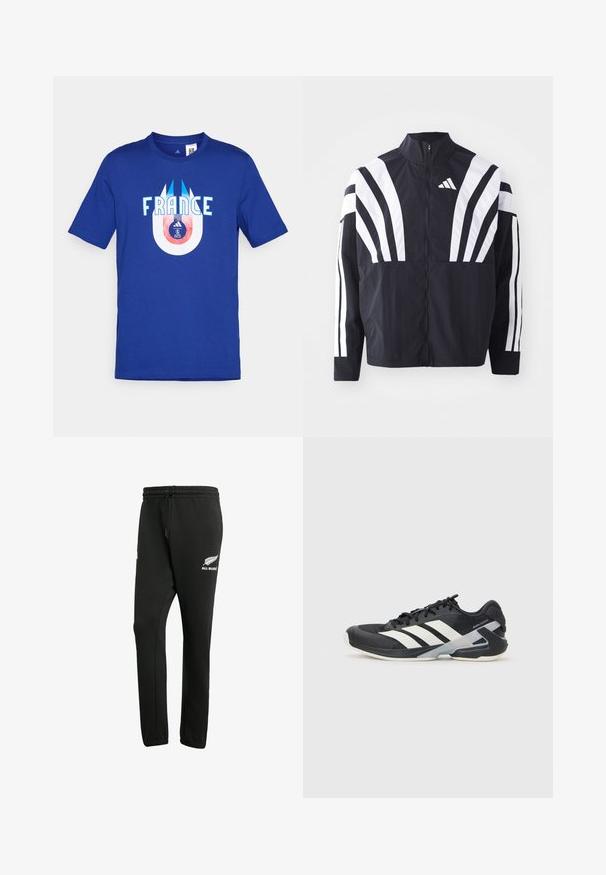 Schwarze Jacke mit hohem Kragen, durchgehendem Reißverschluss und kräftigen weißen diagonalen Streifen an den Ärmeln. Aus leichtem Stoff mit glatter Textur gefertigt.; Blaues Baumwoll-T-Shirt mit dem Wort "FRANKREICH" in Weiß und einem kreisförmigen Grafik darunter, die einen Fußball und ein Logo in Rot und Blau zeigt.; Schwarze Sweatpants aus einem Baumwollmischgewebe, mit einem elastischen Bund und einem Kordelzug, sowie einem weißen "All Blacks"-Logo auf dem linken Bein.; Schwarzer Sportschuh mit weißen Streifen, Obermaterial aus Mesh, runde Zehenform und gepolstertem Sohlenteil. Verfügt über eine strukturierte Ferse und ein sicheres Schnürsystem.