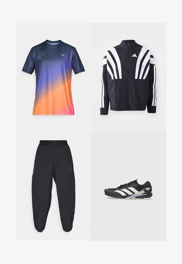 Črna jakna z visokim ovratnikom, popolnim zadrgo in boldnimi belimi diagonalnimi črtami na rokavih. Narejena iz lahkega materiala z gladko teksturo.; Majica kratkih rukavov za šport v prelivu temno modre, vijolične, oranžne in roza barve. Opremljena je z diskretnim cvetličnim vzorcem in logotipom na prsih. Gladka tkanina.; Črne atletske hlače z elastiko v pasu, z žepi na zadrgo, ozkimi nogavicami in diskretnim logotipom na desnem stegnu.; Črne atletske čevlje z belimi črtami, mrežastim zgornjim delom, zaobljenim nosom in blaženim podplatom. Imajo teksturiran petni del in varen sistem vezalk.