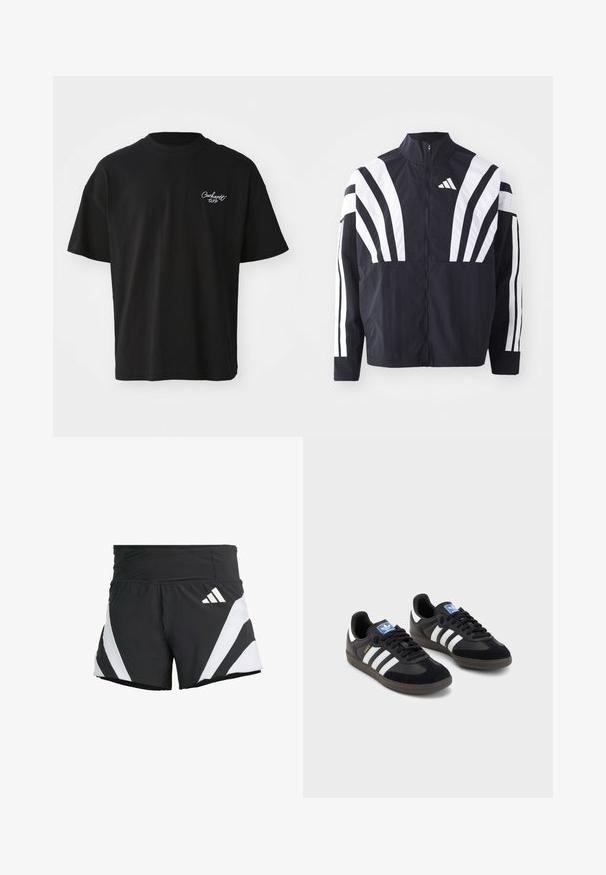 Chaqueta negra con cuello alto, cremallera completa y llamativas franjas diagonales blancas en las mangas. Fabricada en tejido ligero con una textura suave.; Camiseta de algodón negra de manga corta, con cuello redondo, que presenta un logotipo bordado en blanco en el lado izquierdo del pecho. Corte estándar, textura suave.; adidas Performance ADIZERO A M - Pantalón corto de deporte - black; Zapatillas negras con un upper de ante y sintético, con tres rayas blancas, suela de goma texturizada y etiqueta de logo azul en la lengüeta.