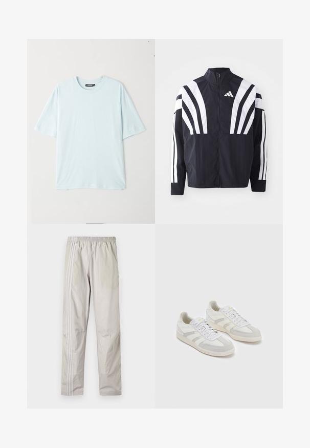 Fekete dzseki magas gallérral, teljes cipzárral és merész, fehér, átlós csíkokkal az ujjakon. Könnyű anyagból készült, sima tapintással.; Világoskék, rövid ujjú póló, kerek nyakkal, puha anyagból készült. Lazán illeszkedik, sima textúrájú, minták vagy díszítések nélkül.; Világosszürke, könnyű nadrág, rugalmas derékpánttal. Függőleges fehér csíkok az oldalukon. Simaság, egyenes szabás és zsebek nélkül.; Fehér sportcipők világosszürke velúr részletekkel és csíkokkal, textúrált szövet felsőrésszel, lapos fűzőkkel és gumitalppal.