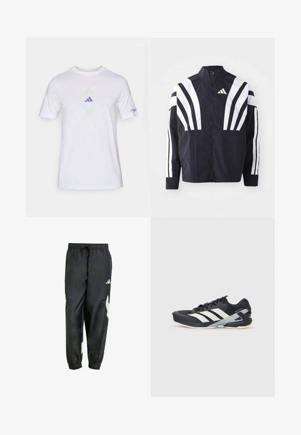 Black jacket featuring a high collar, full zip, and bold white diagonal stripes on sleeves. Made from lightweight fabric with a smooth texture.; White cotton t-shirt with short sleeves. Features green and lavender graphic design at center, including a purple logo and “F50” text on sleeve.; Black athletic trousers with an elastic waistband, adjustable drawstring, and white side accents. Made of smooth, lightweight material.; Black athletic shoe with white stripes, mesh upper, rounded toe, and cushioned sole. Features a textured heel and secure lacing system.
